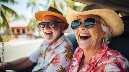 Portrait of senior couple smiling while sitting driving in car. Generative AI