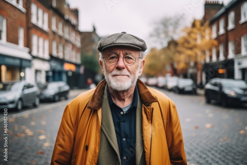 Portrait of a senior man with gray beard wearing a cap and coat walking in the city. © Iigo