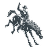Cowboy rider sitting on a wild horse mustang, rodeo silhouette isolated on white background. Monochrome black and white vector illustration