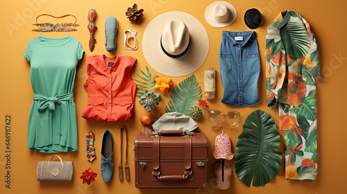 Knolling bird's-eye view of beach essentials on orange floor photo