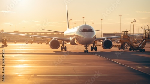 A large passenger airplane in the airport arrivals area at sunset