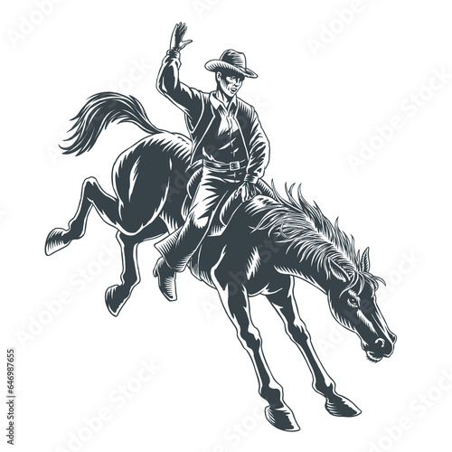 Murais de parede Cowboy rider sitting on a wild horse mustang, rodeo silhouette isolated on white background