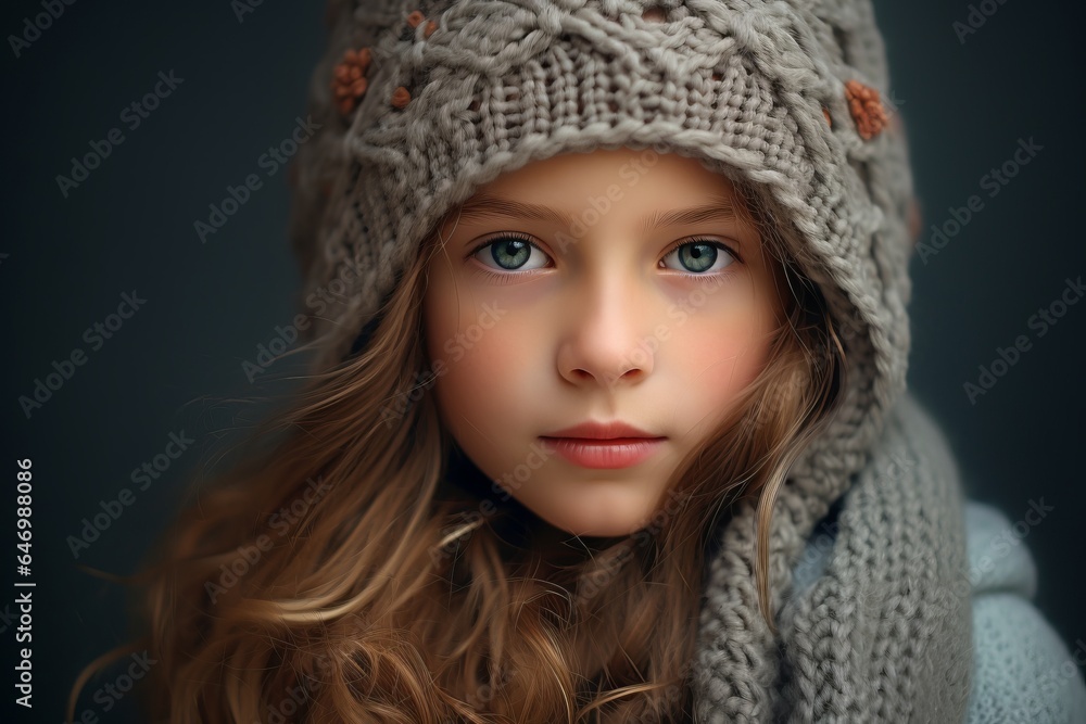 Portrait of a beautiful little girl in a knitted hat and scarf.