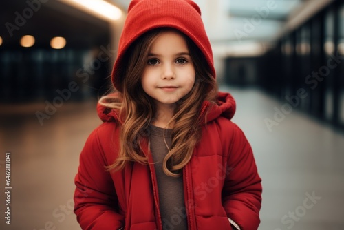 Portrait of a cute little girl in a red jacket and a hat.