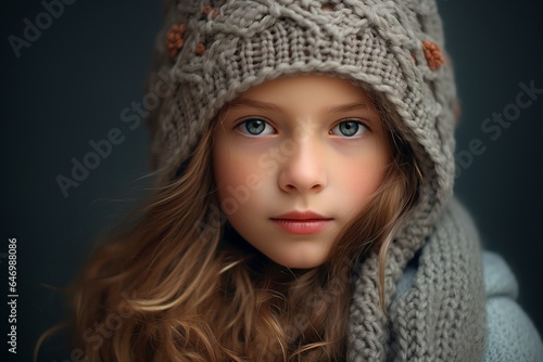 Portrait of a beautiful little girl in a knitted hat and scarf.