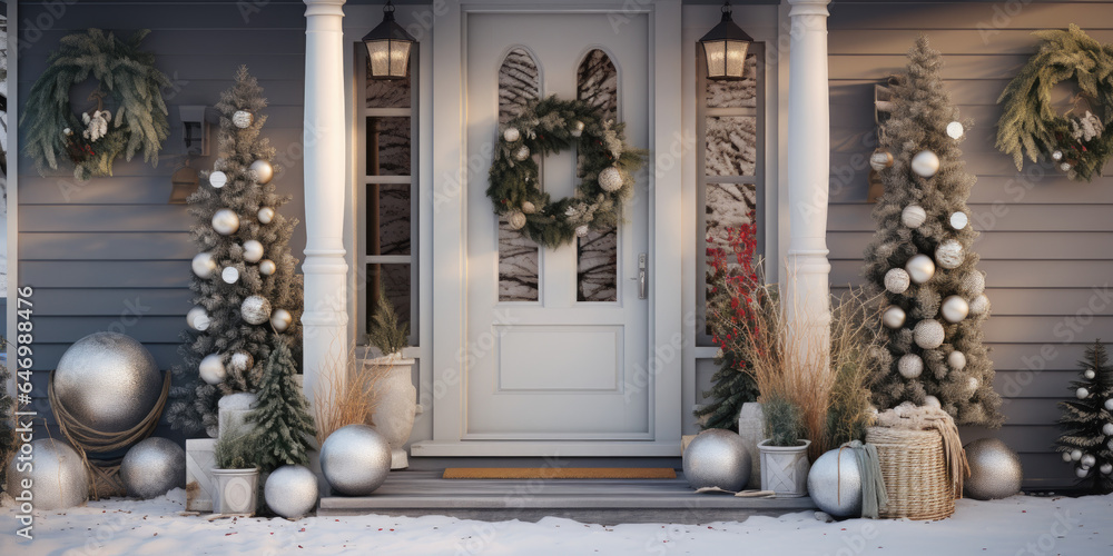 Fototapeta premium entrance to the house with snow and christmas decoration