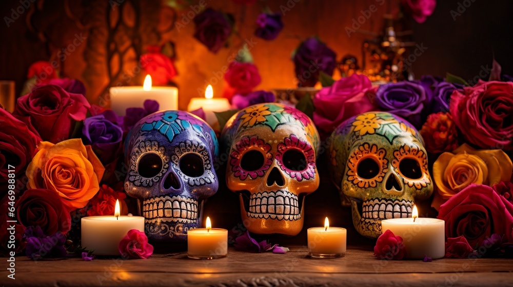 Day of the Dead sugar skulls decorated with flowers Day of the Dead sugar skulls decorated with flowers