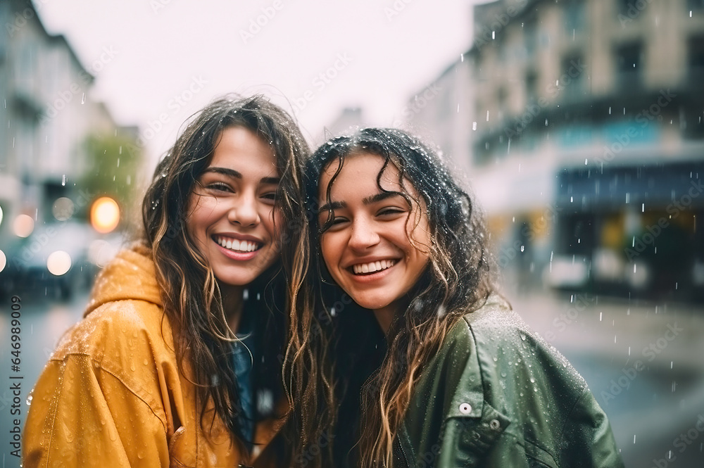 Two women embracing each other in the rain during the autumn season Two women embracing each other in the rain during the autumn season