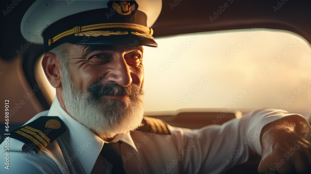 Close-up portrait of a pilot in the cockpit of an airplane Close-up portrait of a pilot in the cockpit of an airplane