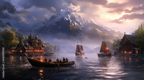 Fantasy landscape with old wooden houses and boats on the lake