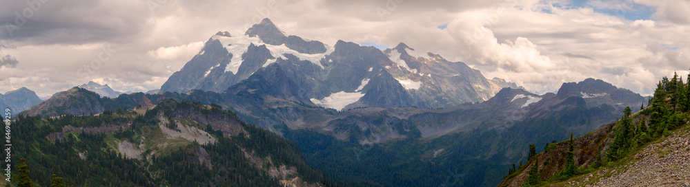 Panoramic View of the majestic Mt. Shuksan in the Cascade Mountain range. Shuksan is one of the most photographed mountains in the world for it's striking beauty and easy access. Washington state.