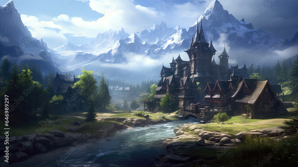Fantasy landscape with a fantasy castle in front of a mountain river Fantasy landscape with a fantasy castle in front of a mountain river