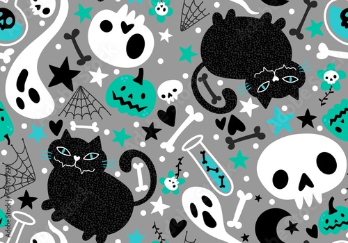 Halloween cats and pumpkins seamless ghost and bones pattern for wrapping paper and fabrics and kids