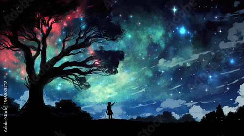 Silhouette of a boy standing under a tree and looking at the milky way