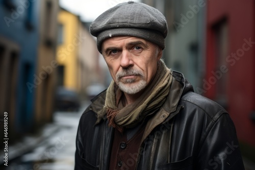 Portrait of an old man with a gray beard and a cap in the city