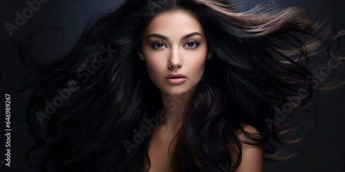 Beauty Asian girl with blowing long healthy wavy hair. hairstyle, hair care. copy space