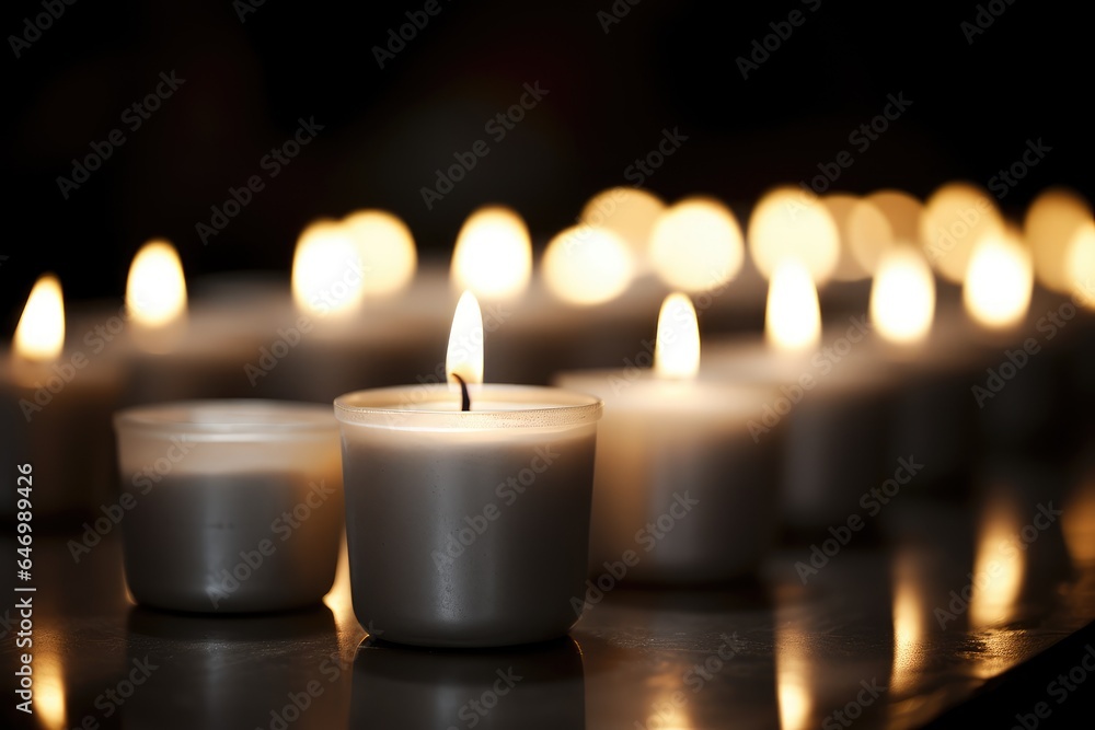 Lighted candles are placed on the table in front of a blurred light spot background