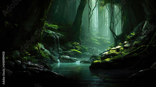Fantasy green forest with waterfall and fog