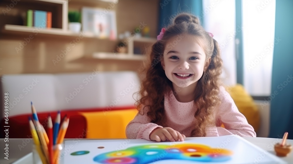 Excited little girl learns how to draw in an art class. Generative AI Excited little girl learns how to draw in an art class. Generative AI