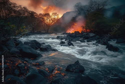 A stream of lava from a volcano flows into a river