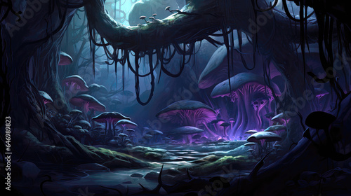 Fantasy landscape with magic mushrooms in the forest