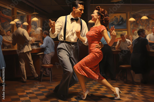 Boogie-Woogie (United States) - Swing dance style characterized by fast footwork, spins, and acrobatic lifts, popular in the 1930s and 1940s (Generative AI)