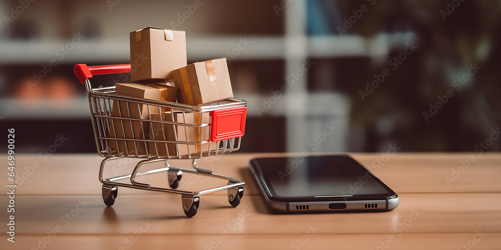 Online shopping concept with cell phone, shopping cart with shopping boxes