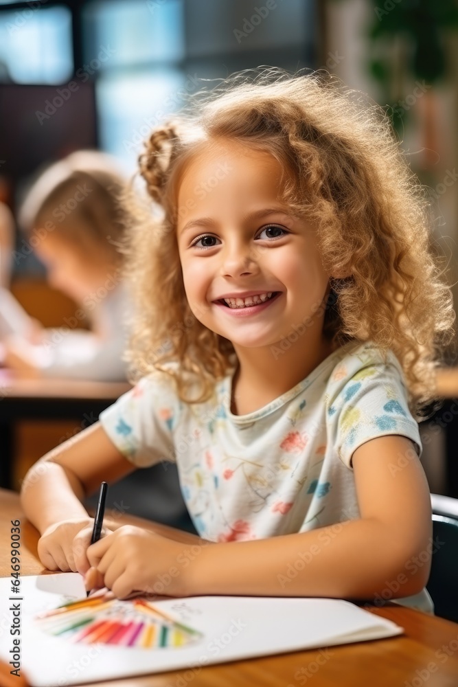 Excited little girl learns how to draw in an art class. Generative AI