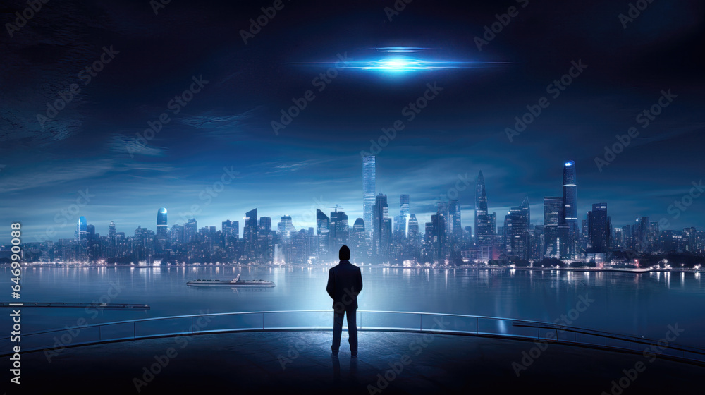 Rear view of businessman looking at night cityscape and illuminated moon