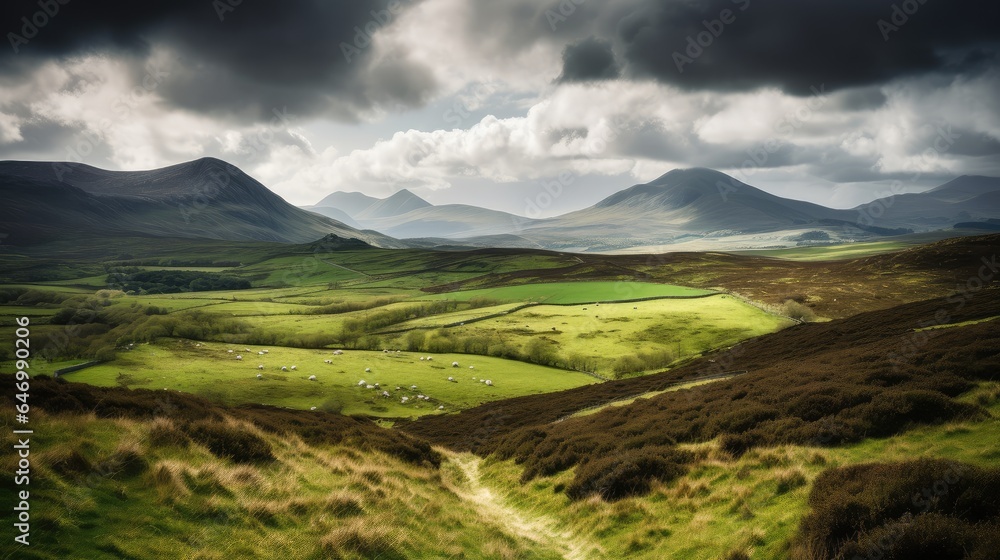 Fototapeta premium Spectacular mountains and beautiful grasslands, AI generated