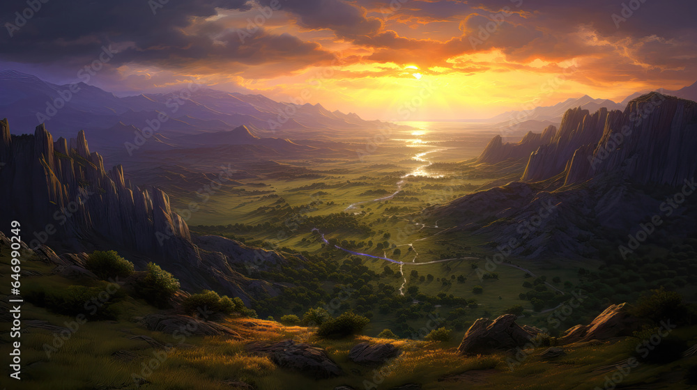 Fantasy planet. Mountain and lake at sunset