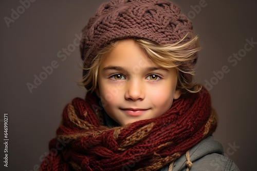 Portrait of a cute little girl in a warm hat and scarf. Winter fashion.