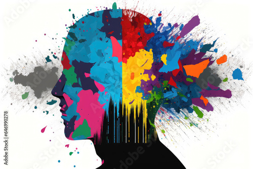 Colorful painted explosion in head. Concept of creative mind and imagination. AI generated.