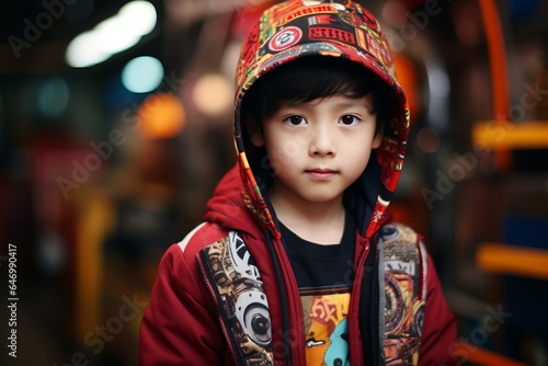 Portrait of a little boy in a red jacket with a hood