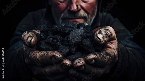 Closeup of coal on a miner hands