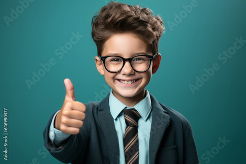 smiling schoolboy wearing school uniform show thumb up finger on blue background. Back to school