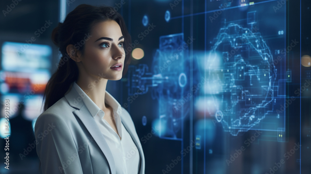 Futuristic AI Assistant in Digital Workspace: Young Female Entrepreneur Commands a Virtual Network with Voice Futuristic AI Assistant in Digital Workspace: Young Female Entrepreneur Commands a Virtual Network with Voice