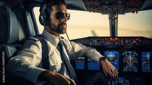 Close-up portrait of a pilot in the cockpit of an airplane