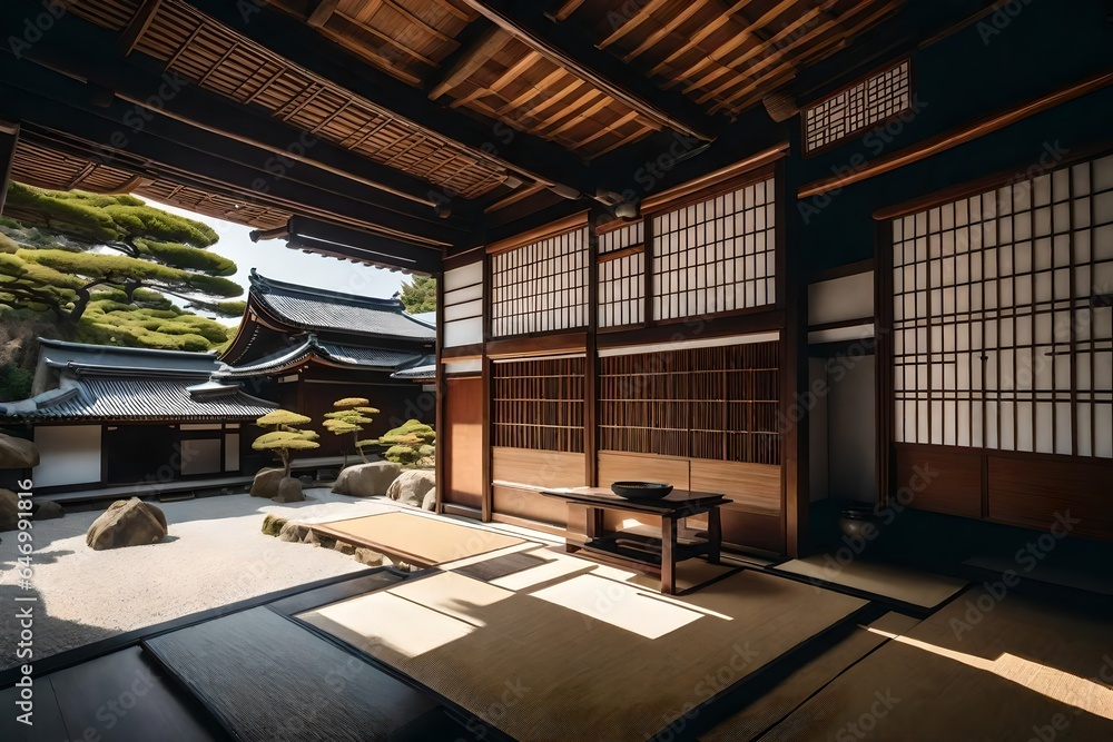 Traditional Japanese house with sliding doors and a Zen garden - AI Generative
