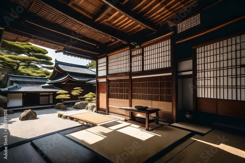 Traditional Japanese house with sliding doors and a Zen garden - AI Generative © Being Imaginative