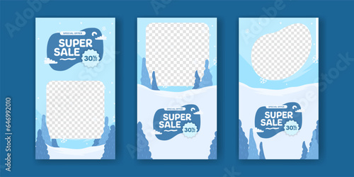 Super sale offer banner promotion stories social media post winter season blue cold christmas