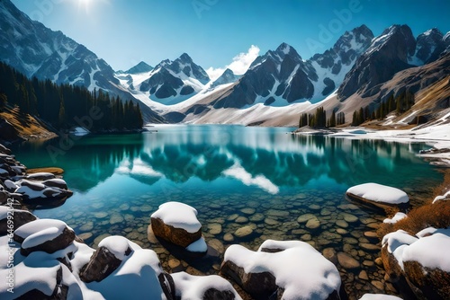 Tranquil and picturesque alpine lake nestled at the base of snow-capped mountains - AI Generative