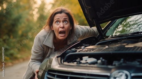 Funny desperate and exhausted woman has some problems with her car. Generative AI © piai