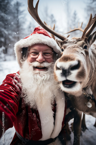 A man dressed as Santa Claus outdoors with reindeer. Cheerful Santa Claus man taking a fun selfie with a reindeer capturing the festive spirit.