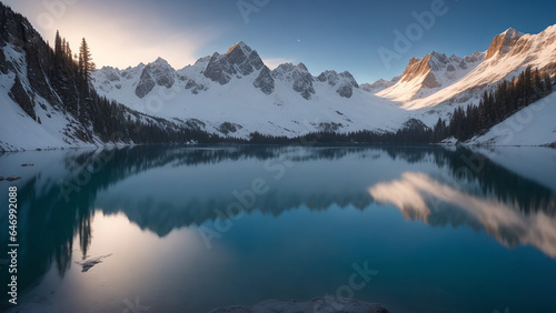 Tranquil and picturesque alpine lake nestled at the base of snow-capped mountains - AI Generative © Being Imaginative