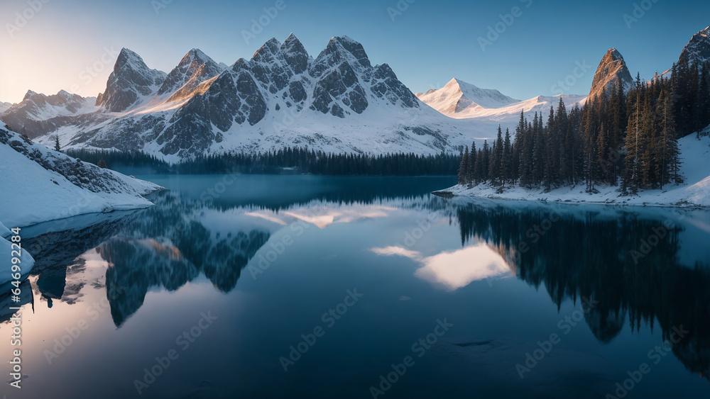 Tranquil and picturesque alpine lake nestled at the base of snow-capped mountains - AI Generative