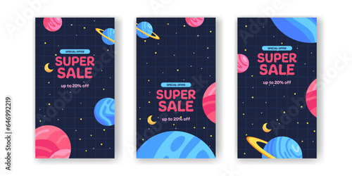 Super sale offer banner promotion story social media post with space planet galaxy for kid toddler student cute kawaii