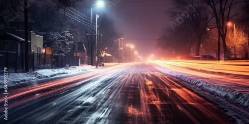 city street at night after snow