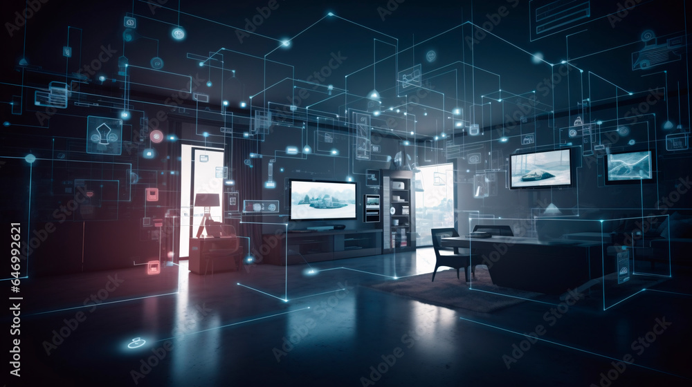 Naklejka premium the concept of the Internet of Things with an image of a smart home, featuring various connected devices and appliances AI