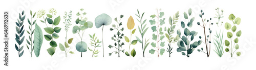 Set of watercolor green leaves  for postcard  banner. Watercolour clipart drawing.